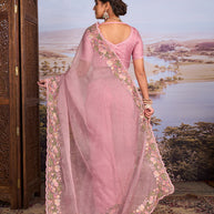 Pink floral embroidered tissue organza saree party wear