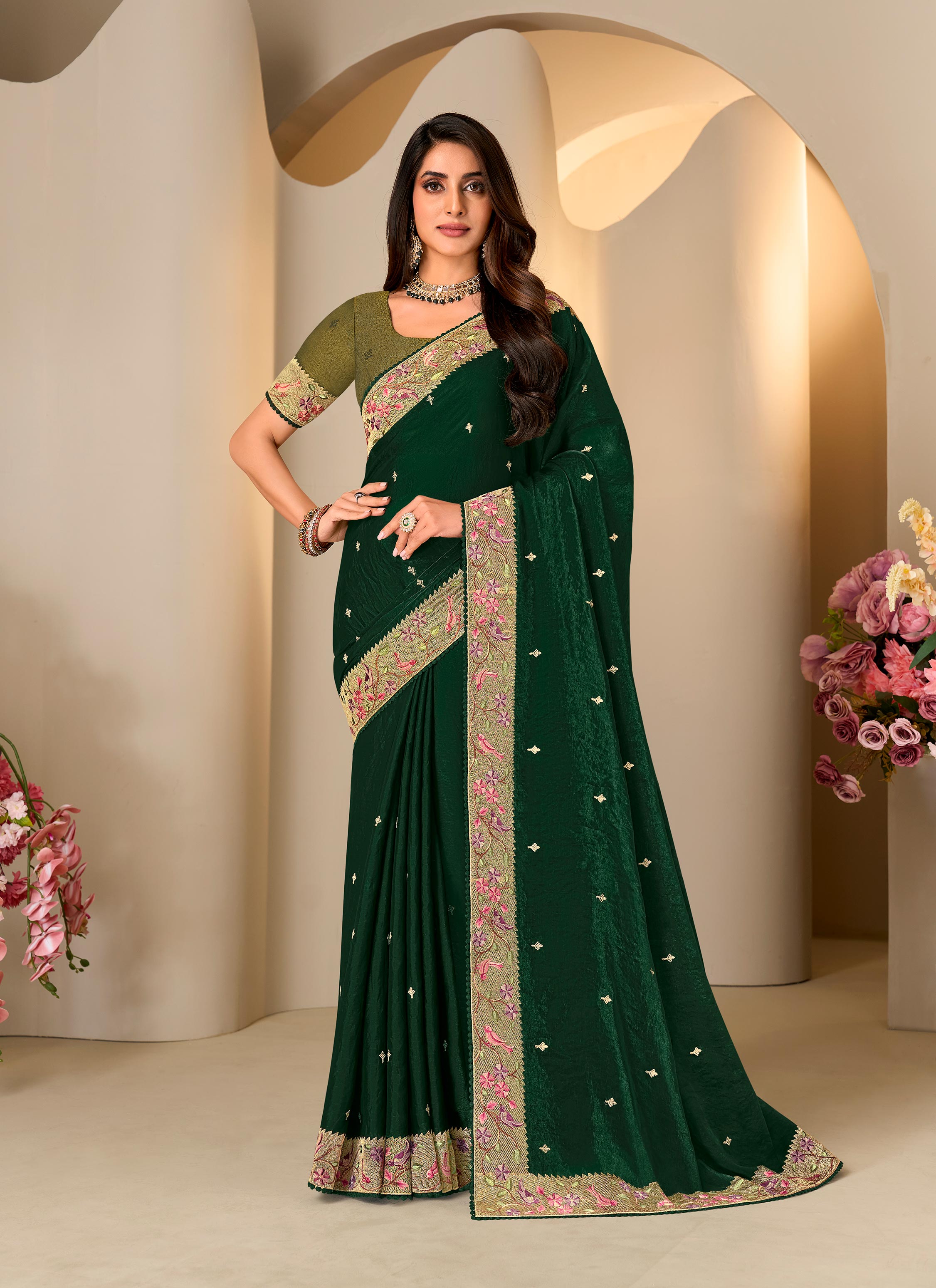 Green floral embroidered tissue organza saree festive wear