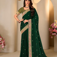 Green floral embroidered tissue organza saree festive wear