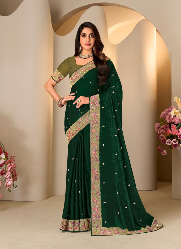 Green floral embroidered tissue organza saree festive wear