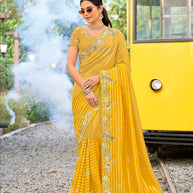 Yellow silk blend peacock floral embroidered saree