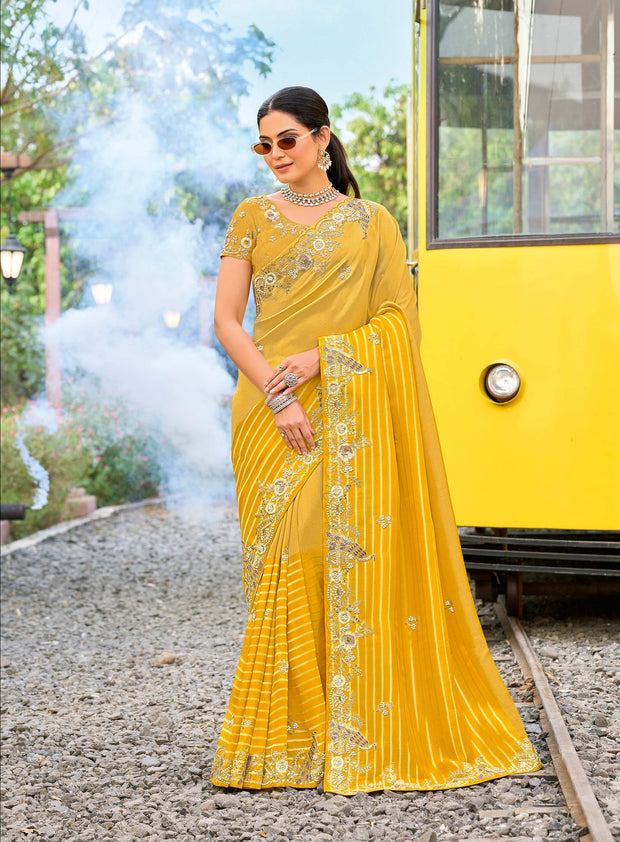 Yellow silk blend peacock floral embroidered saree