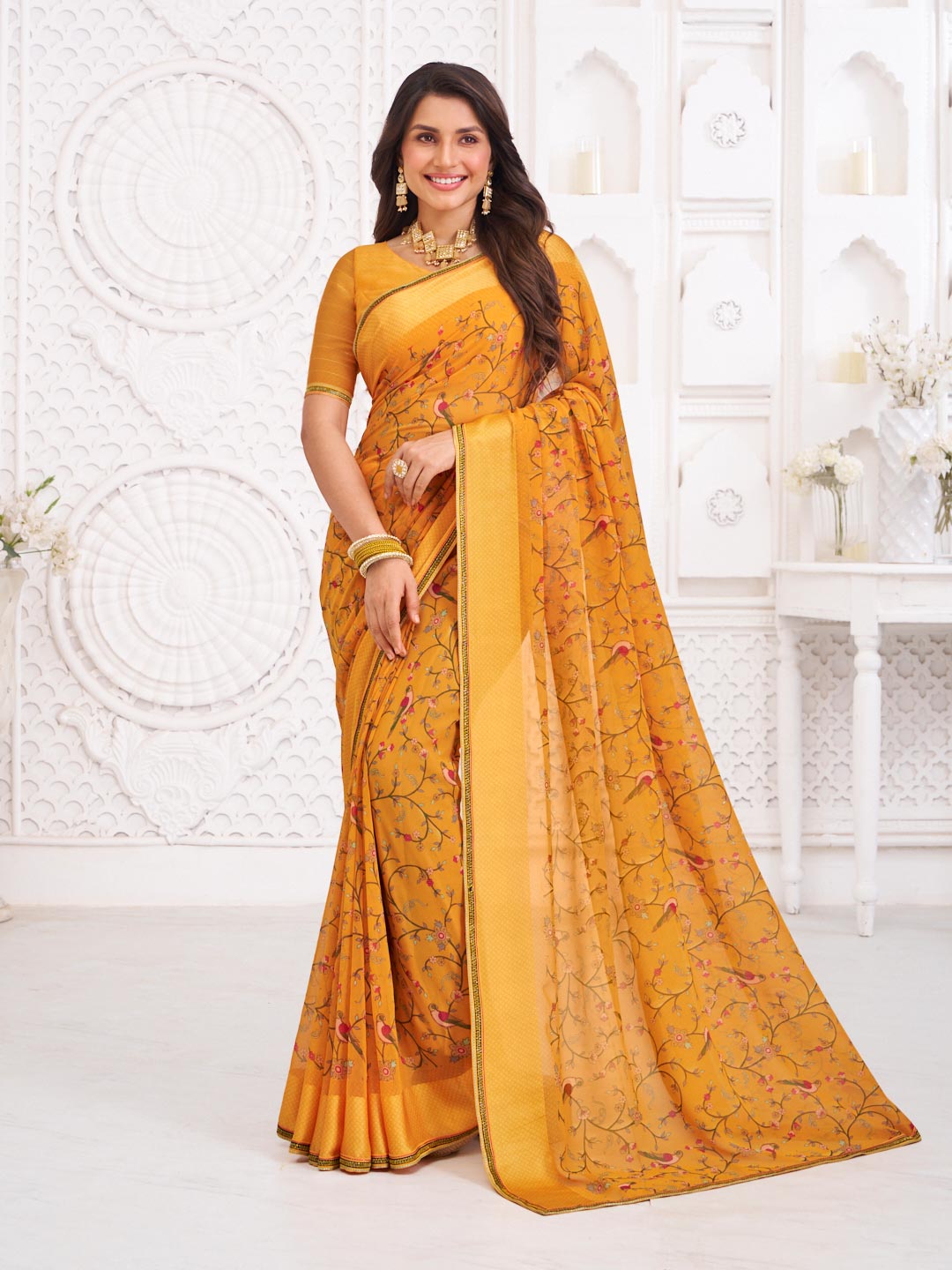 Orange georgette floral print saree
