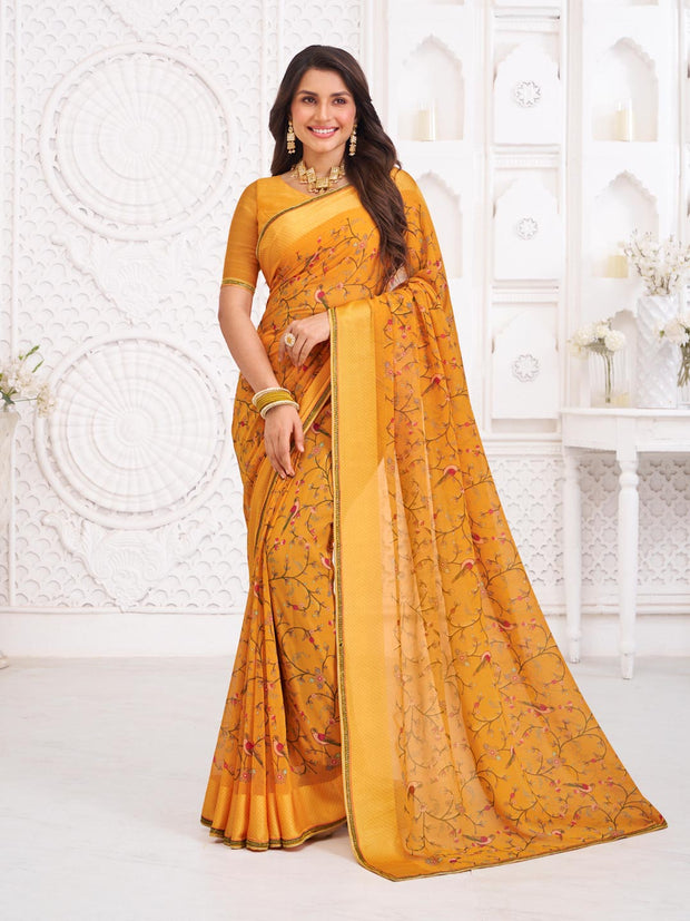 Orange georgette floral print saree