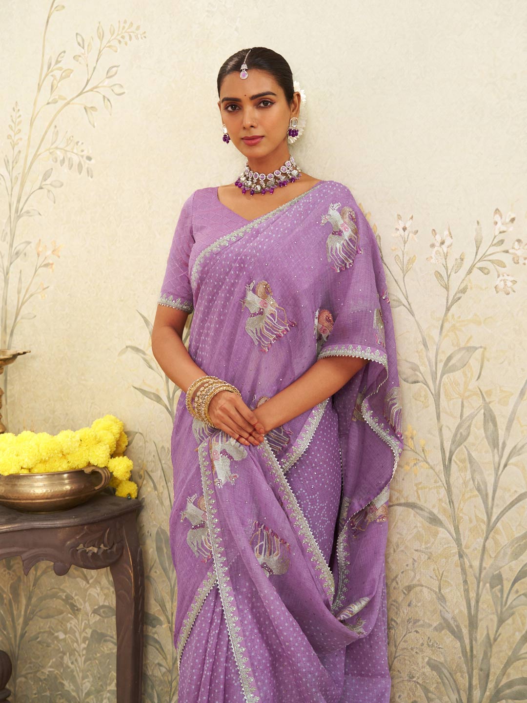 Purple embroidered chiffon saree casual wear