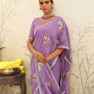 Purple embroidered chiffon saree casual wear