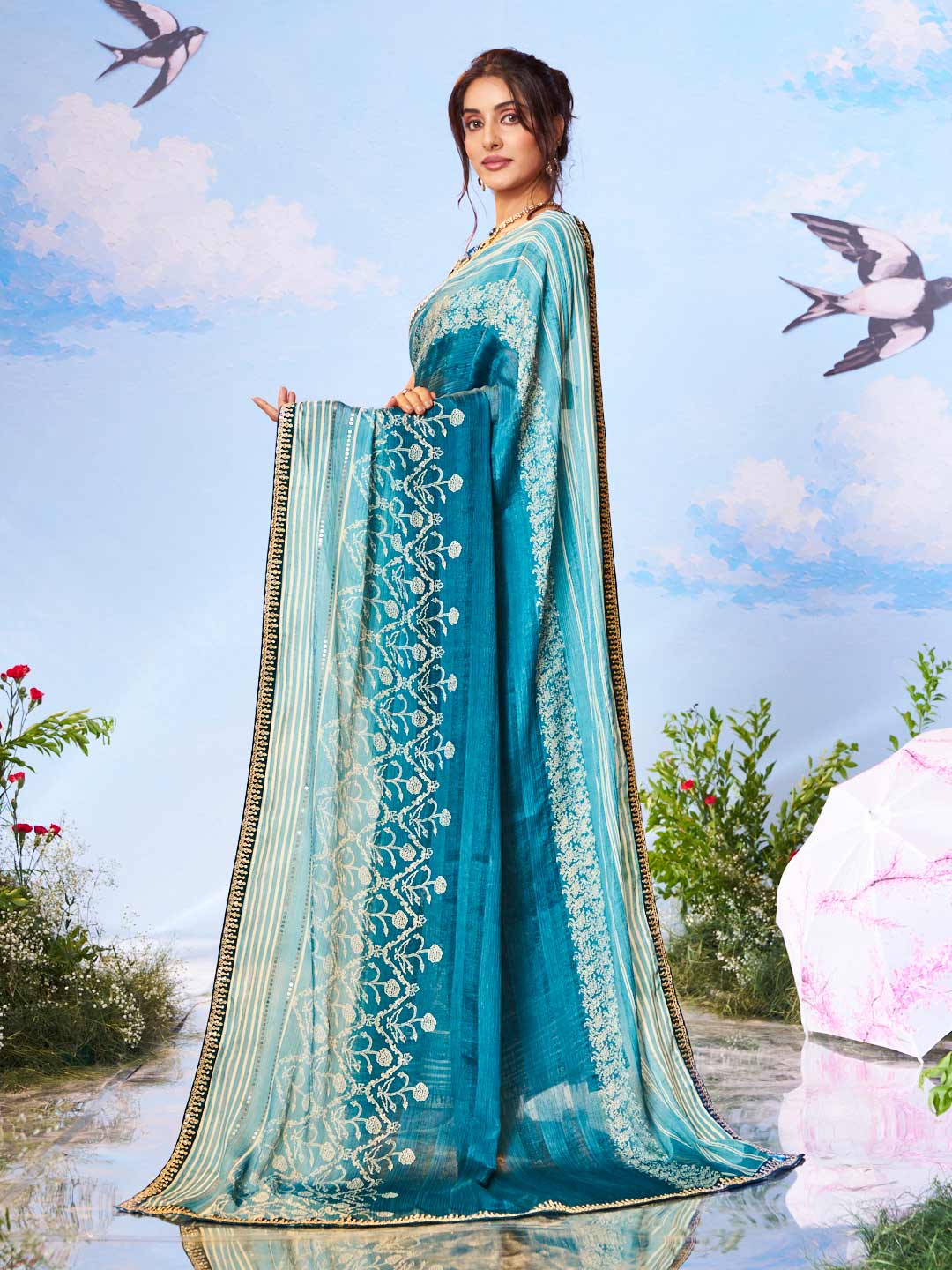 Blue geometric printed silk blend saree party wear 