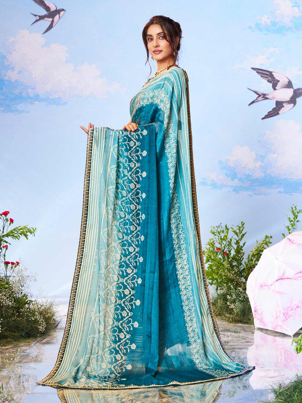 Blue geometric printed silk blend saree party wear 