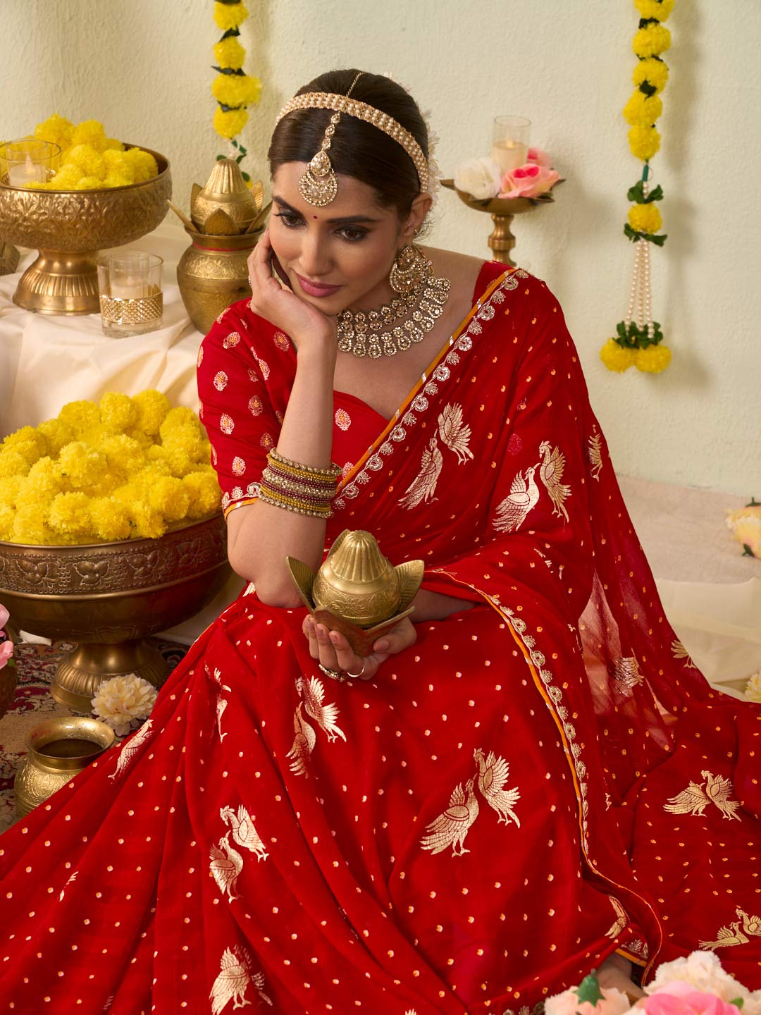 Red bandhani printed georgette saree wedding wear