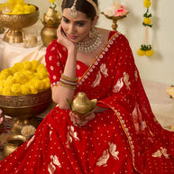 Red bandhani printed georgette saree wedding wear