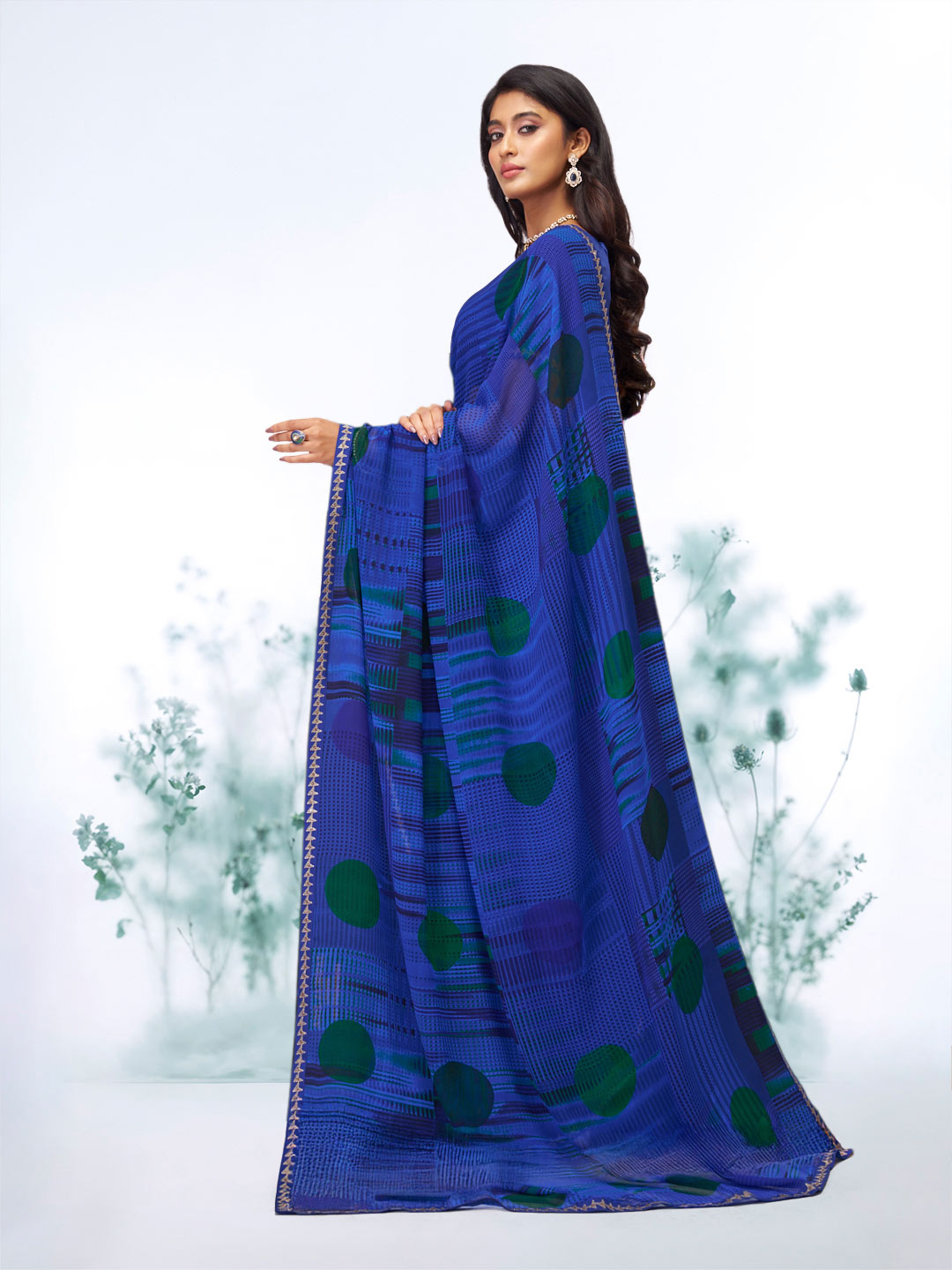 Blue geometric printed georgette saree casual wear
