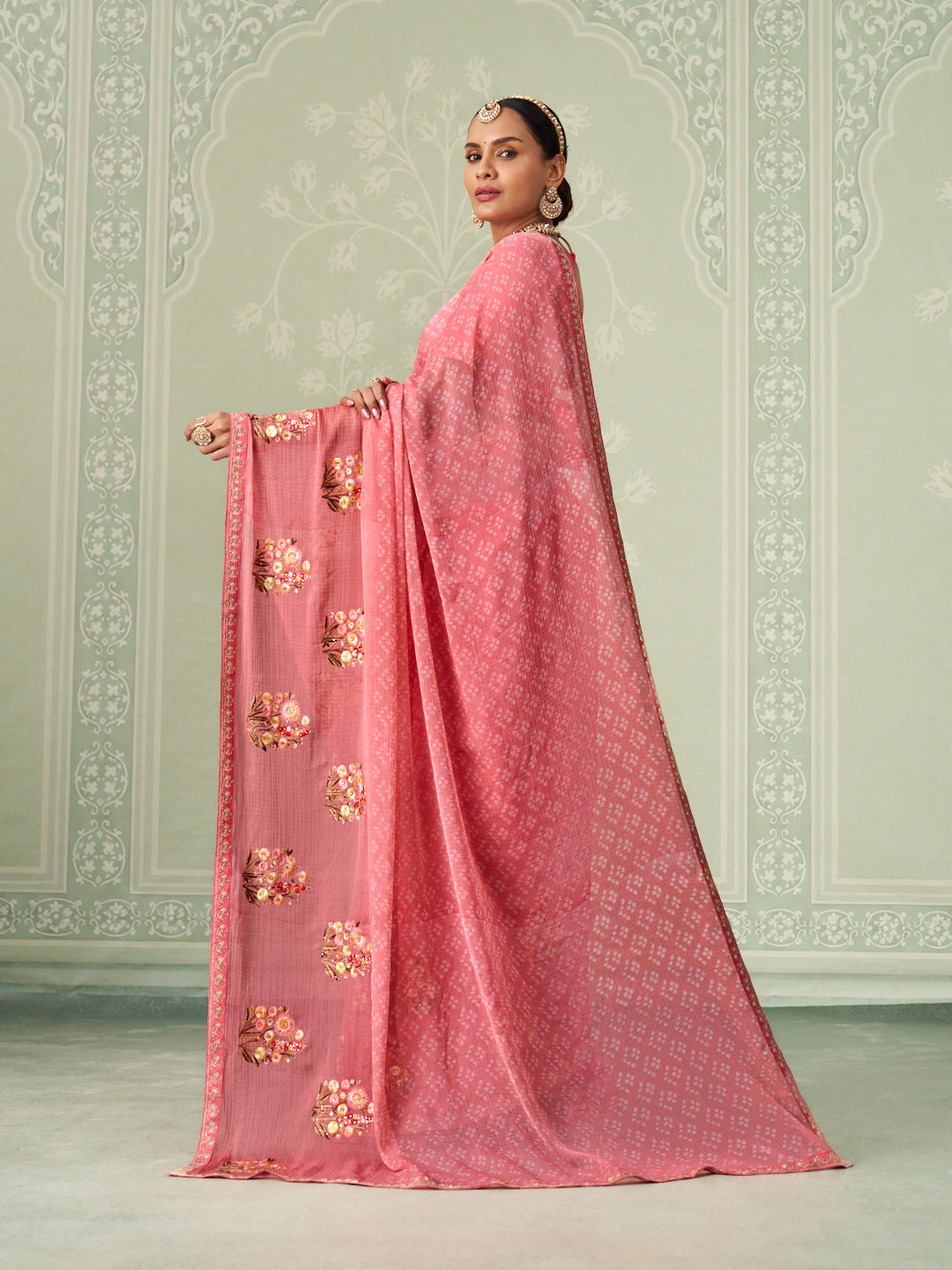 Pink floral embroidered chiffon saree daily wear