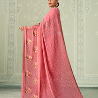 Pink floral embroidered chiffon saree daily wear