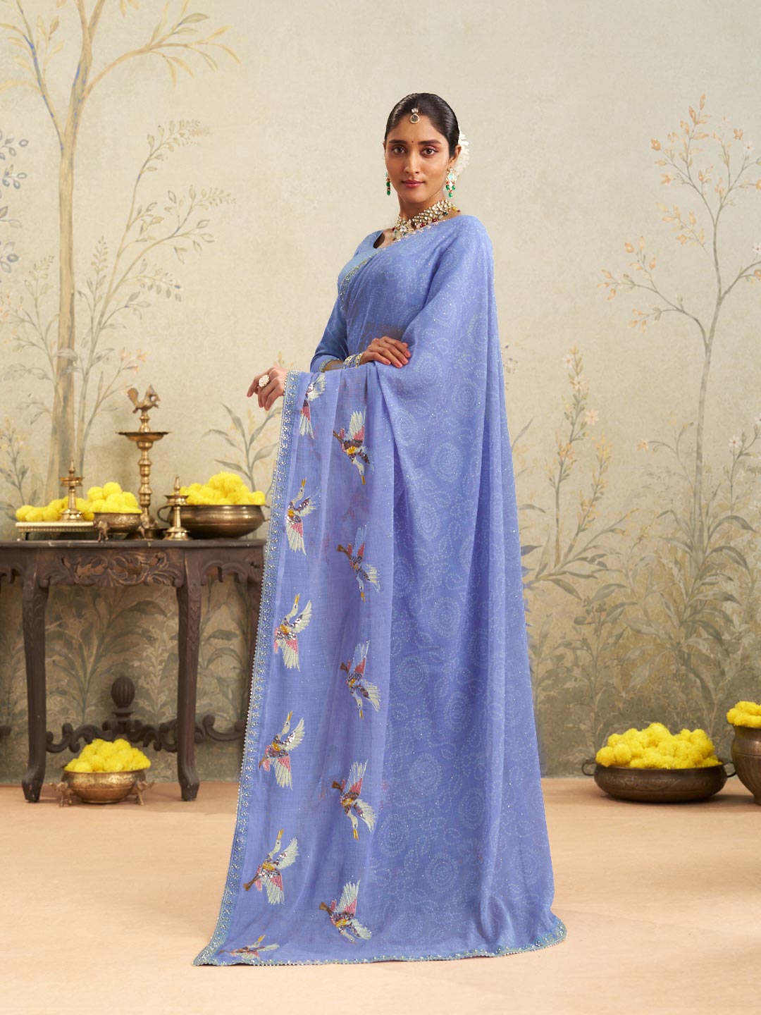 Blue embroidered chiffon saree daily wear