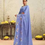 Blue embroidered chiffon saree daily wear