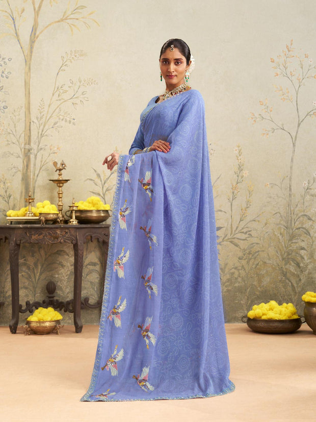Blue embroidered chiffon saree daily wear