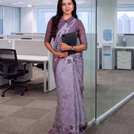 Grey geometric printed cotton blend saree corporate wear