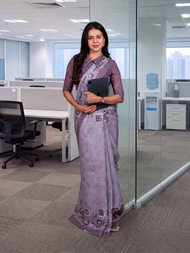 Grey geometric printed cotton blend saree corporate wear