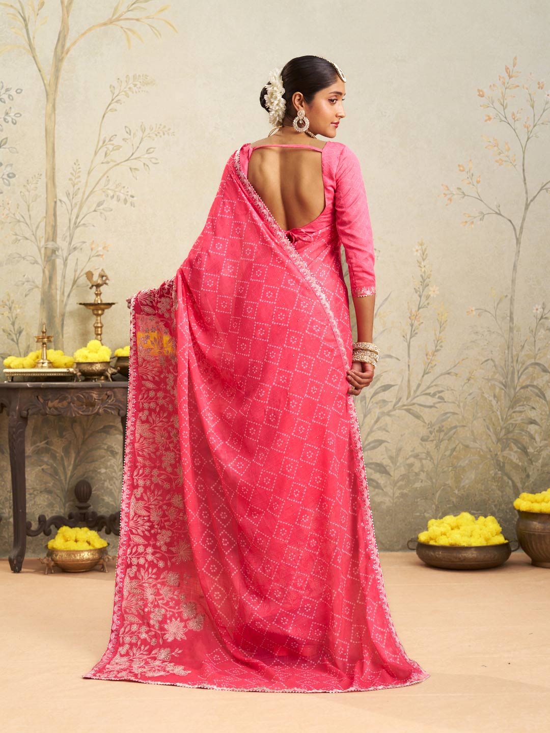 Pink floral embroidered chiffon saree party wear