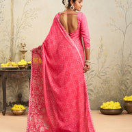 Pink floral embroidered chiffon saree party wear