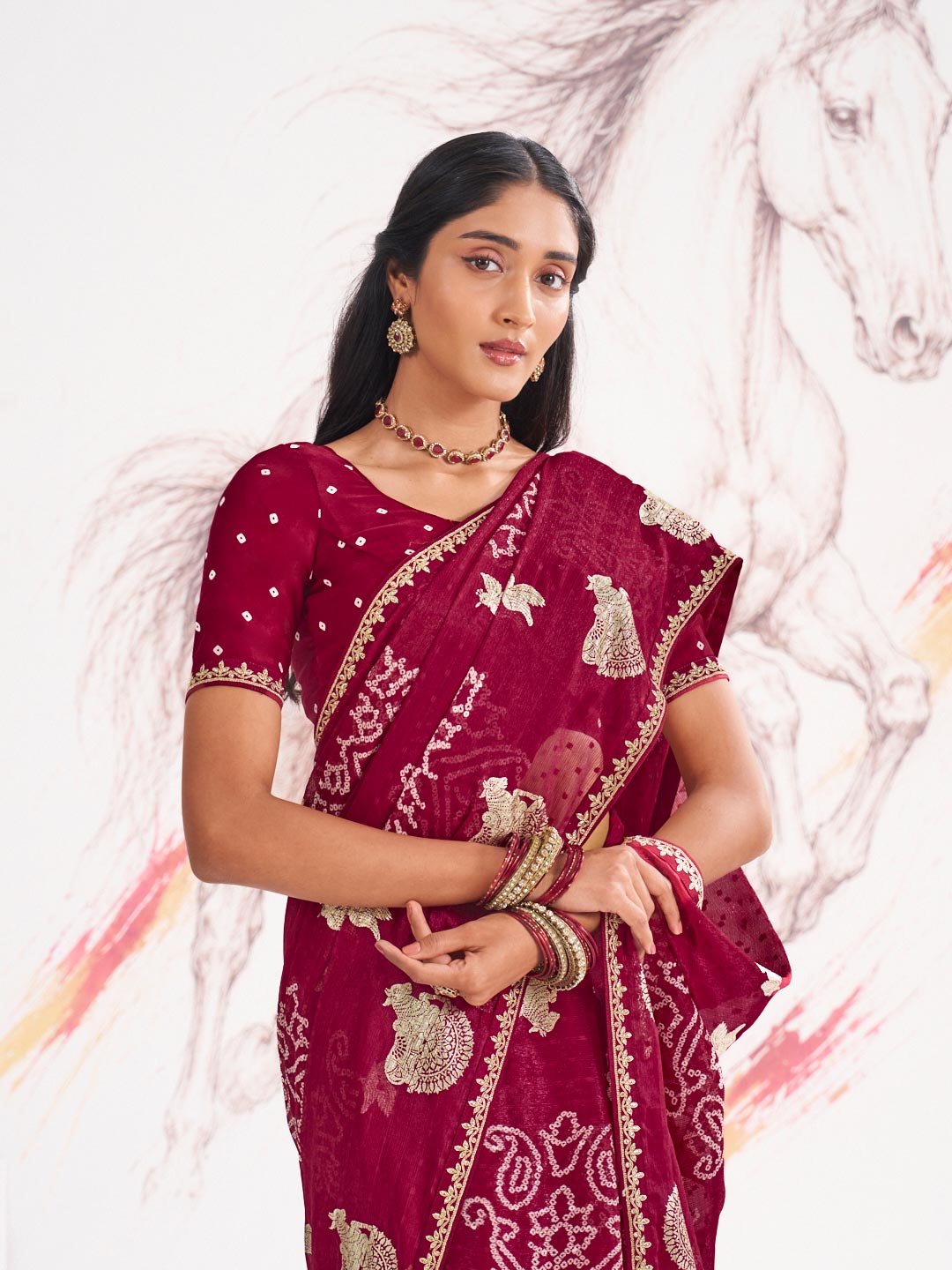 Laxmipati Murli Maroon Chiffon Floral Saree
