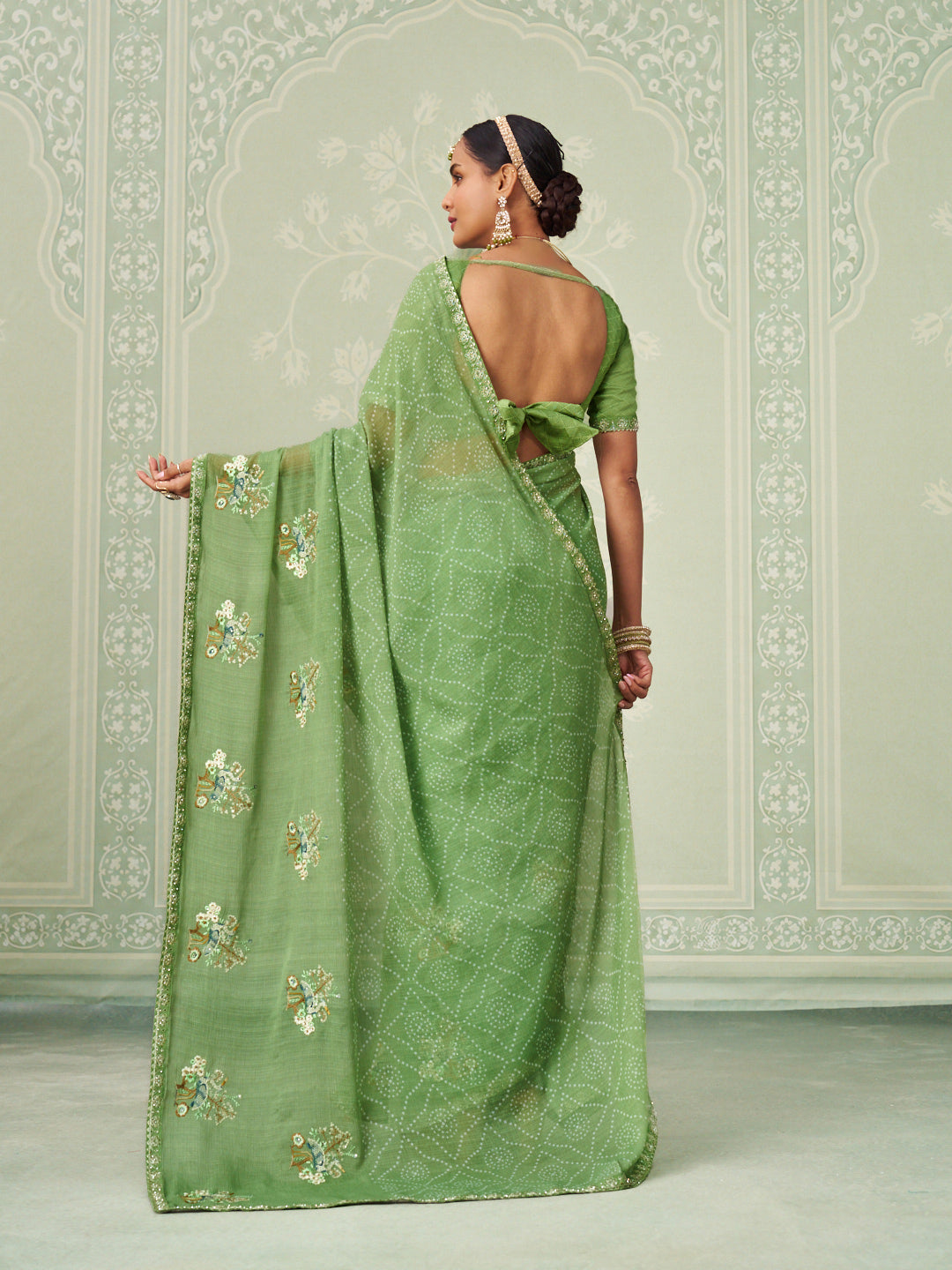 Green floral embroidered chiffon saree daily wear
