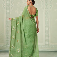 Green floral embroidered chiffon saree daily wear