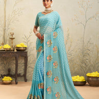 Blue floral embroidered chiffon saree festive wear