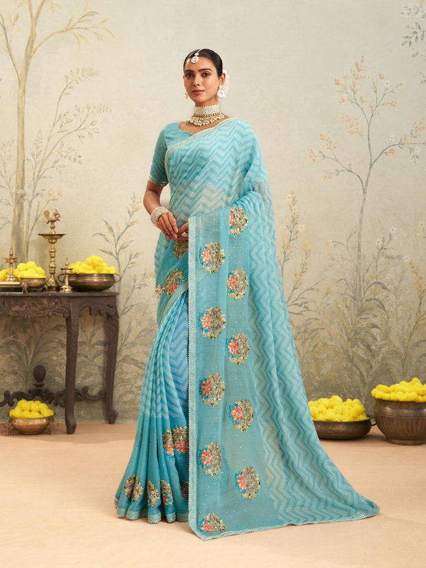 Blue floral embroidered chiffon saree festive wear