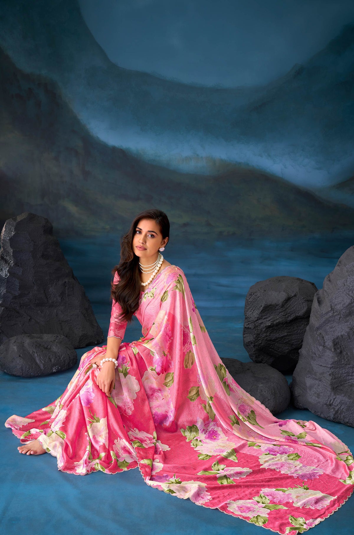 Pink floral embroidered tissue organza saree party wear