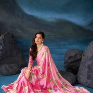 Pink floral embroidered tissue organza saree party wear