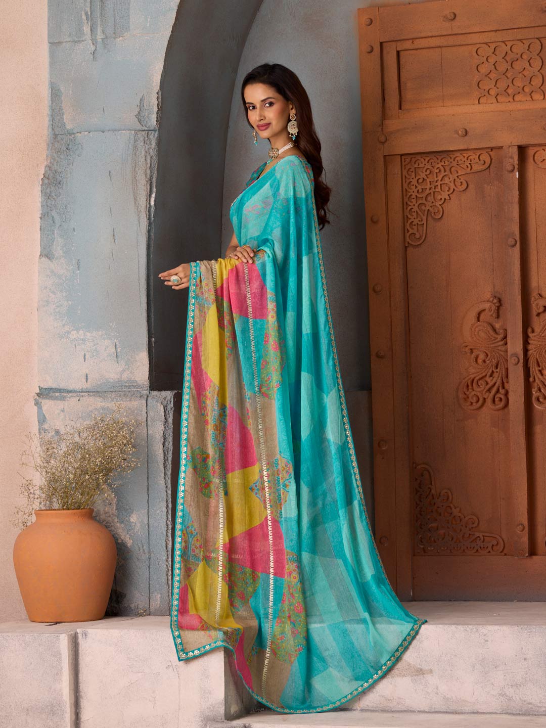 Blue printed chiffon saree party wear