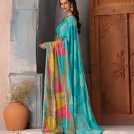 Blue printed chiffon saree party wear