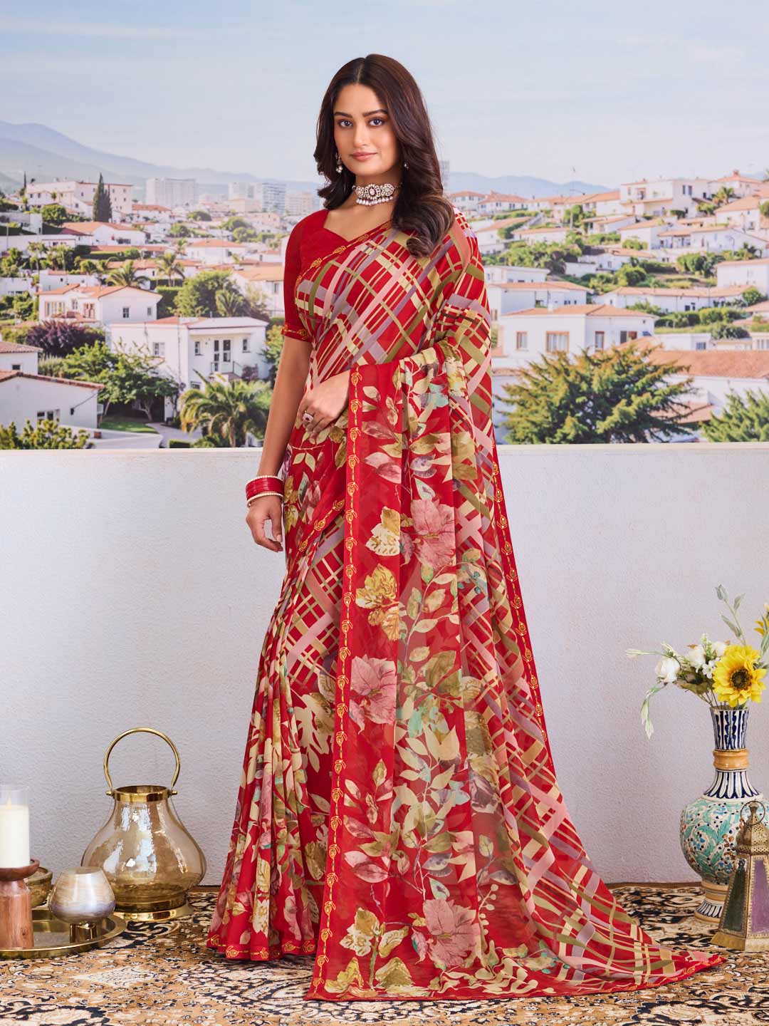 Red floral printed saree