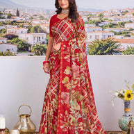 Red floral printed saree