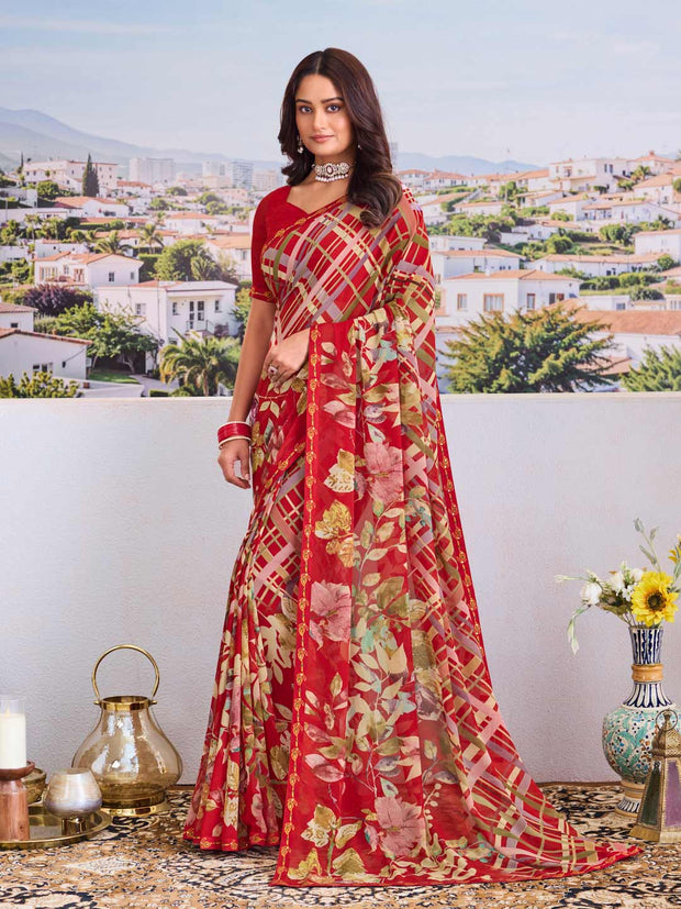 Red floral printed saree