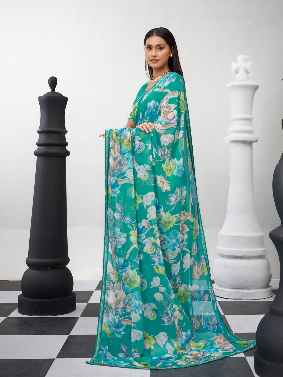 Green printed saree daily use