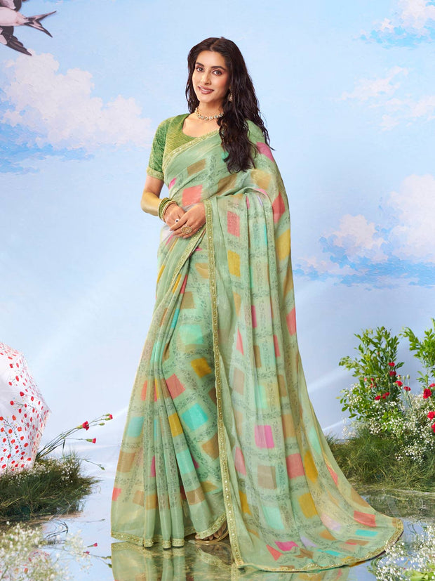 Green floral printed silk saree daily wear 