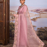 Pink floral embroidered tissue organza saree wedding wear
