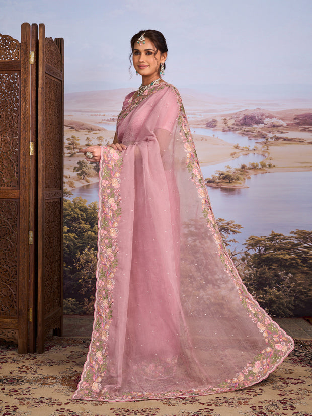 Pink floral embroidered tissue organza saree wedding wear