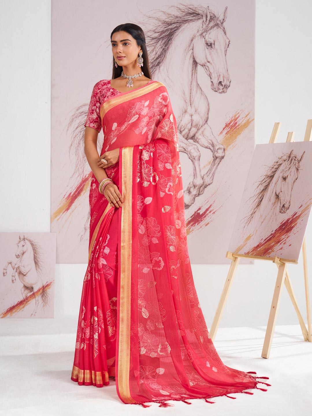 Laxmipati Murli Pink Chiffon Floral Saree