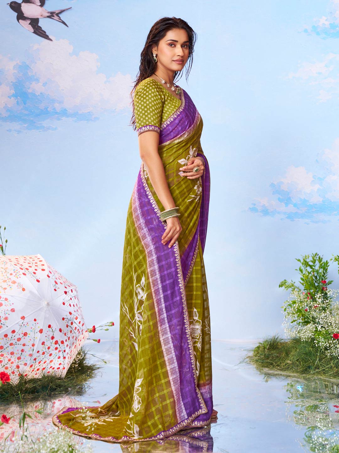 Olive Green floral printed chiffon saree party wear 