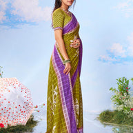 Olive Green floral printed chiffon saree party wear 