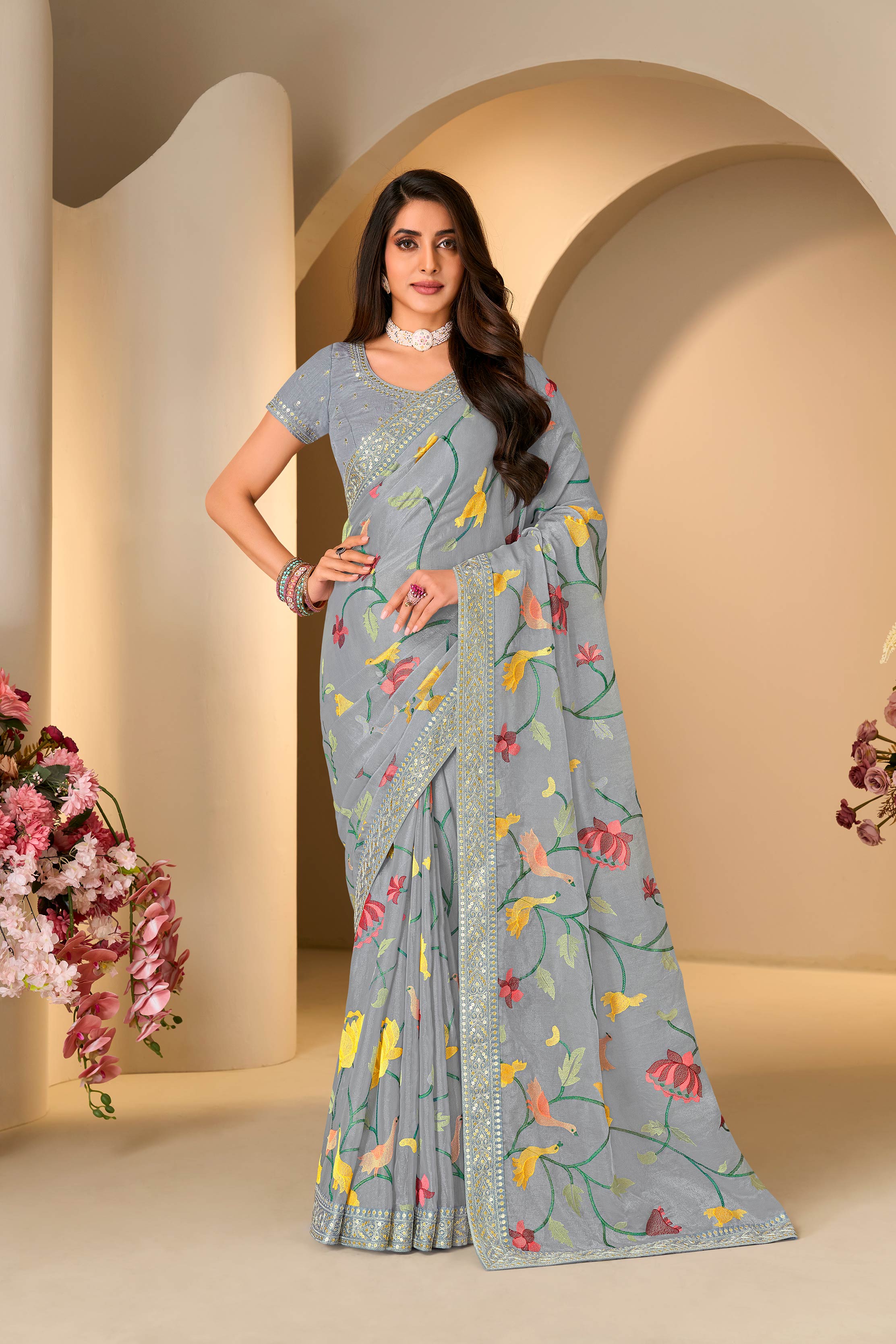 Grey embroidered silk blend saree festive wear