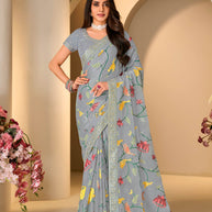 Grey embroidered silk blend saree festive wear
