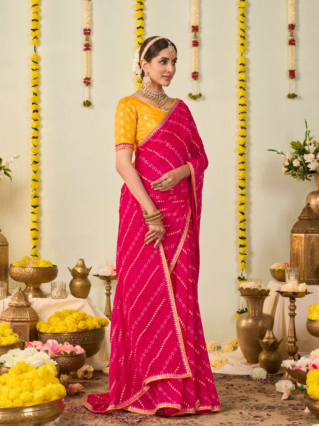 Pink bandhani printed georgette saree casual wear