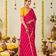 Pink bandhani printed georgette saree casual wear