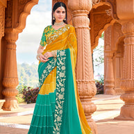 Mustard chiffon embroidered saree with heavy border