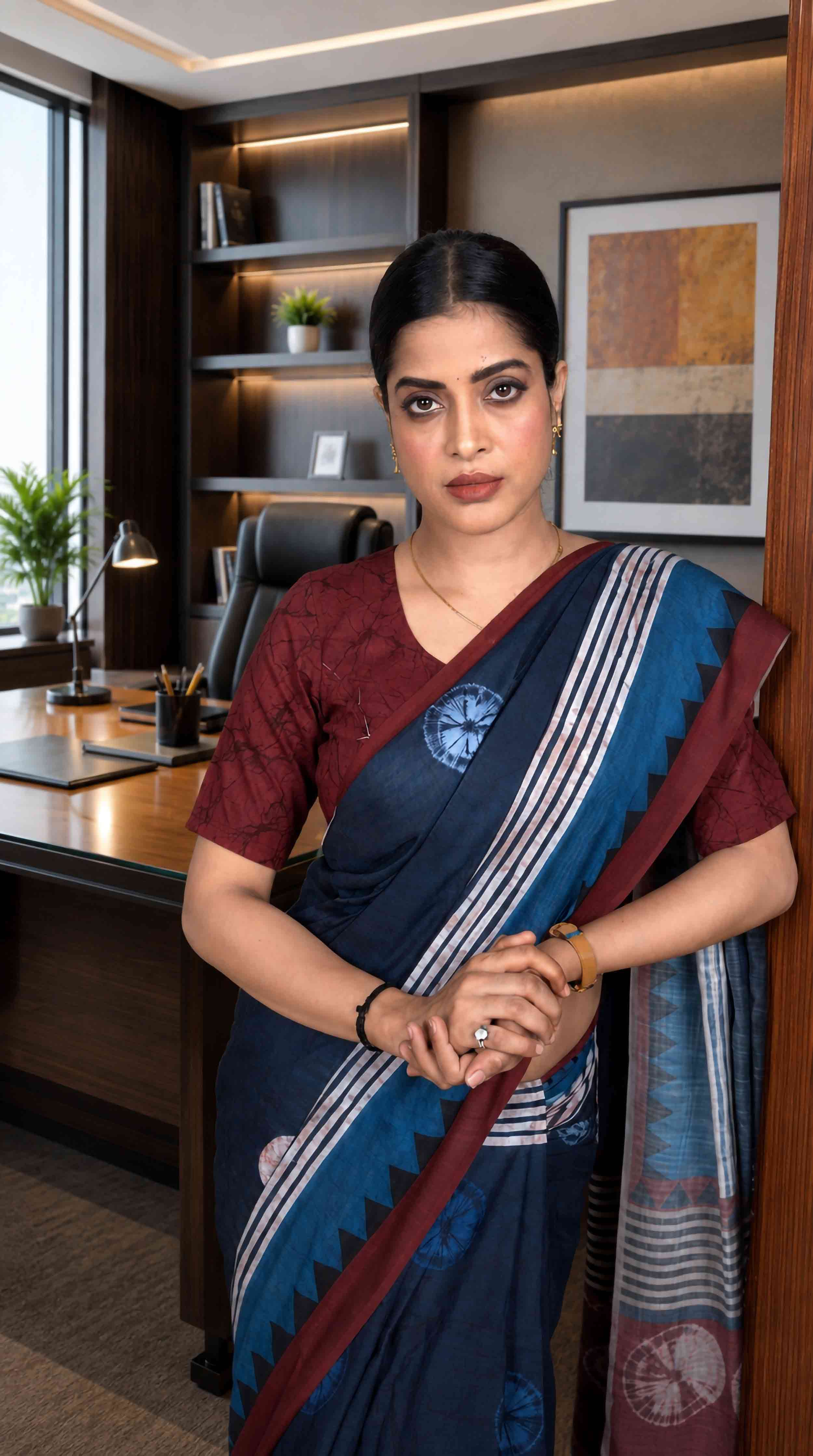 Blue geometric printed cotton blend saree formal wear
