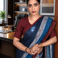 Blue geometric printed cotton blend saree formal wear